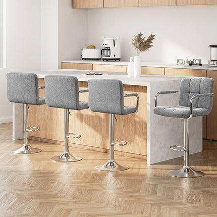 Artiss 4x Bar Stools Fabric Gas Lift w/Armrest Grey.
