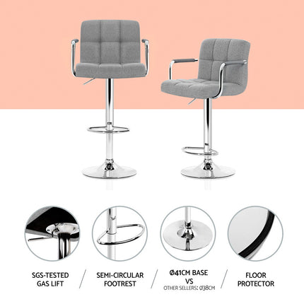 Artiss 4x Bar Stools Fabric Gas Lift w/Armrest Grey.