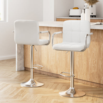 Artiss 2x Bar Stools Leather Gas Lift w/Armrest White.