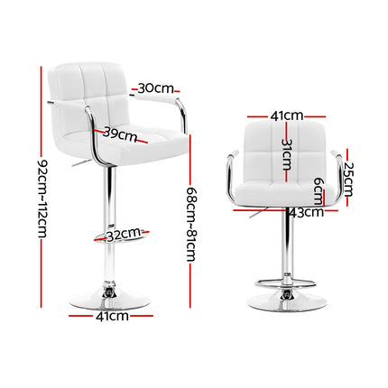 Artiss 2x Bar Stools Leather Gas Lift w/Armrest White.