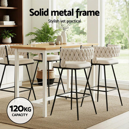 Artiss 2x Bar Stools Kitchen Dining Chair Counter Stool Woven Velvet Metal Ivory.