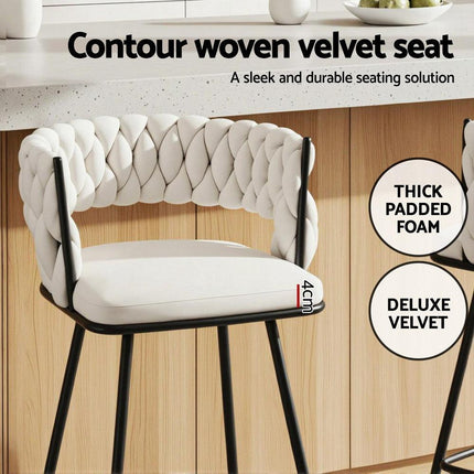 Artiss 2x Bar Stools Kitchen Dining Chair Counter Stool Woven Velvet Metal Ivory.