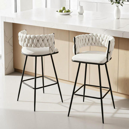 Artiss 2x Bar Stools Kitchen Dining Chair Counter Stool Woven Velvet Metal Ivory.