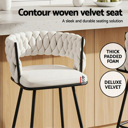 Artiss 4x Bar Stools Kitchen Dining Chair Counter Stool Woven Velvet Metal Ivory.