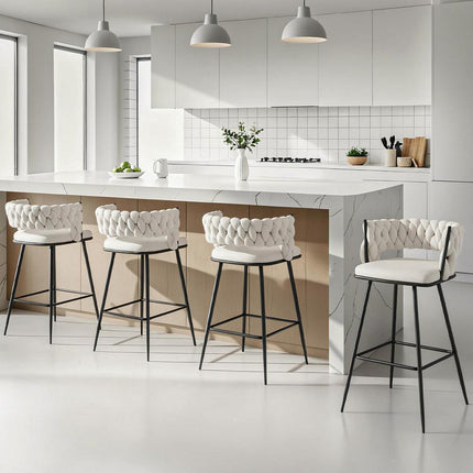 Artiss 4x Bar Stools Kitchen Dining Chair Counter Stool Woven Velvet Metal Ivory.