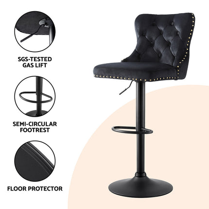 Artiss 2x Velvet Bar Stool Adjustable Height Nailhead Trim Kitchen Counter Stool.
