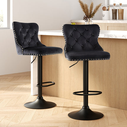 Artiss 2x Velvet Bar Stool Adjustable Height Nailhead Trim Kitchen Counter Stool.