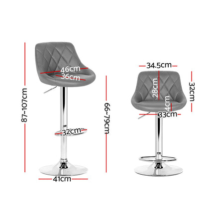 Artiss 2x Bar Stools Leather Padded Gas Lift Grey.