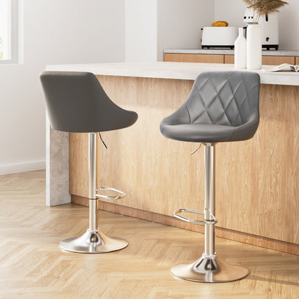 Artiss 2x Bar Stools Leather Padded Gas Lift Grey.