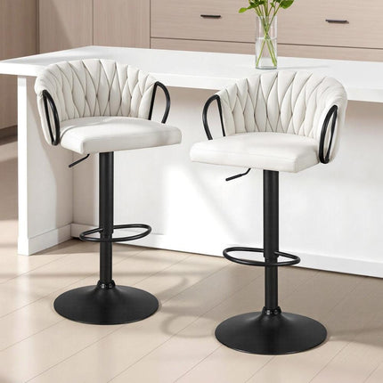 Artiss Bar Stool x2 Kitchen Dining Chair Counter Gaslift Woven Velvet Ivory.