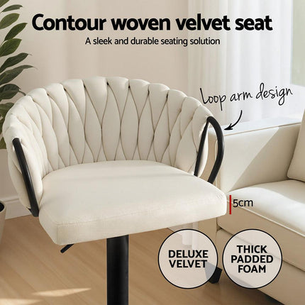 Artiss Bar Stool x4 Kitchen Dining Chair Counter Gaslift Woven Velvet Ivory.