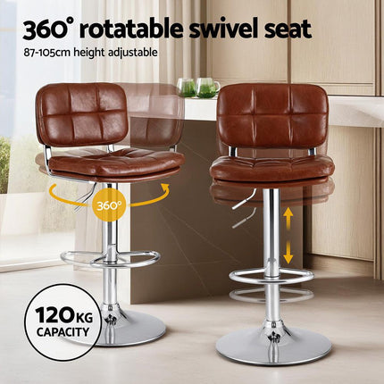 Artiss 2x Bar Stools Kitchen Swivel Gas Lift Counter Chair Tuft PU Leather Brown.