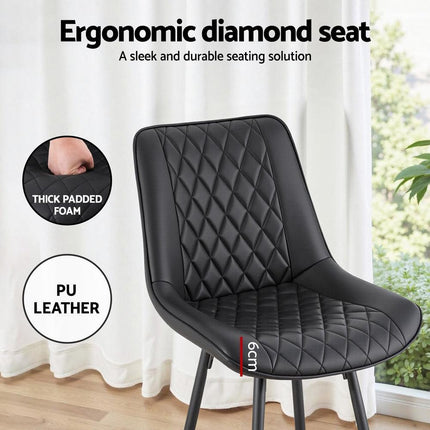 Artiss 2x Bar Stools Kitchen Dining Chair Counter Stool Diamond PU Leather Black.