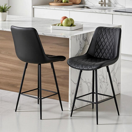 Artiss 2x Bar Stools Kitchen Dining Chair Counter Stool Diamond PU Leather Black.