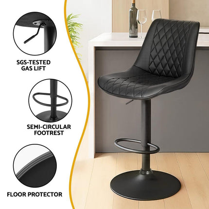 Artiss 2x Bar Stools Kitchen Swivel Gas Lift Counter Chair Diamond Leather Black.