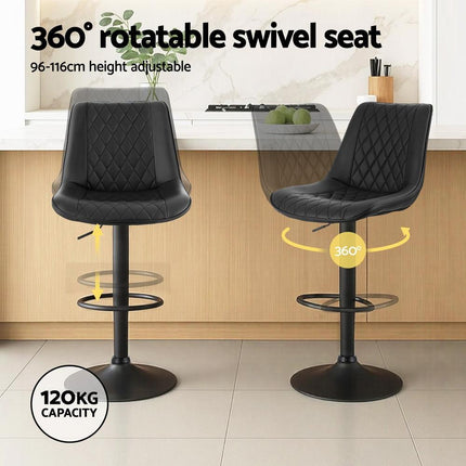 Artiss 4x Bar Stools Kitchen Swivel Gas Lift Counter Chair Diamond Leather Black.