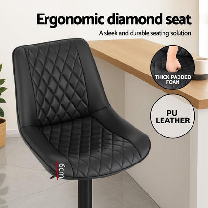 Artiss 4x Bar Stools Kitchen Swivel Gas Lift Counter Chair Diamond Leather Black.