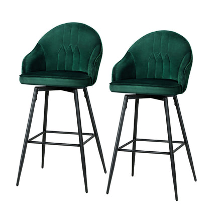 Artiss 2x Bar Stools Velvet Swivel Metal Legs Green.