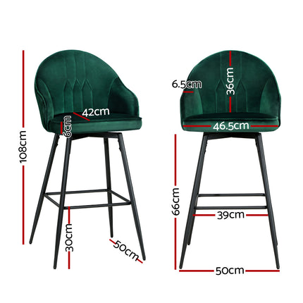 Artiss 2x Bar Stools Velvet Swivel Metal Legs Green.