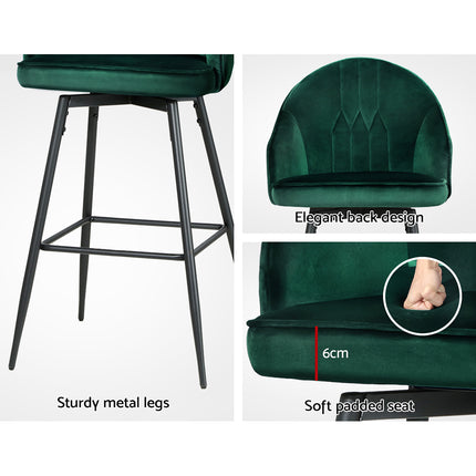 Artiss 2x Bar Stools Velvet Swivel Metal Legs Green.