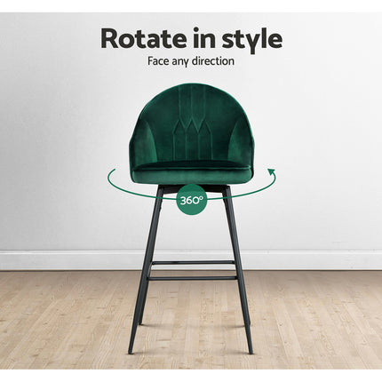 Artiss 2x Bar Stools Velvet Swivel Metal Legs Green.