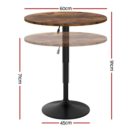 Artiss Height Adjustable Bar Table 360 Swivel Round Gaslift Design 60cm Rustic Brown Black.