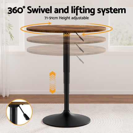 Artiss Height Adjustable Bar Table 360 Swivel Round Gaslift Design 60cm Rustic Brown Black.