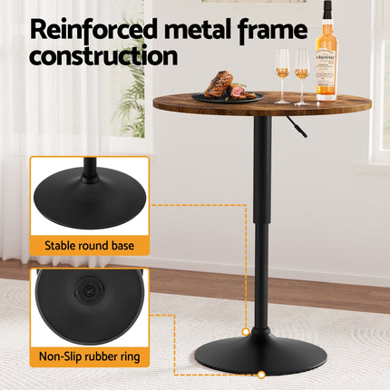 Artiss Height Adjustable Bar Table 360 Swivel Round Gaslift Design 60cm Rustic Brown Black.