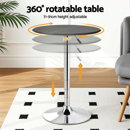 Artiss Bar Table Round Swivel Height Adjustable 62cm Modern PVC Leather Black.