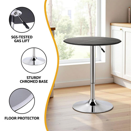 Artiss Bar Table Round Swivel Height Adjustable 62cm Modern PVC Leather Black.