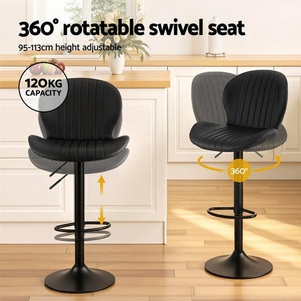 Artiss 2x Bar Stools Kitchen Swivel Gas Lift Counter Chair Shell Leather Black.