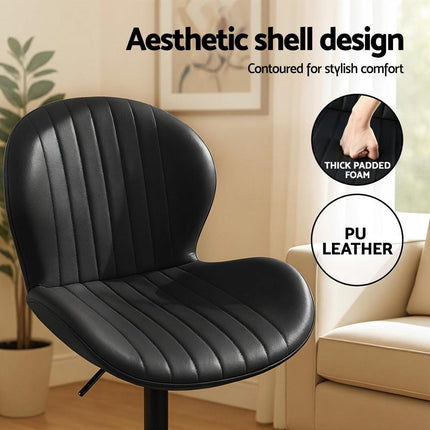 Artiss 2x Bar Stools Kitchen Swivel Gas Lift Counter Chair Shell Leather Black.