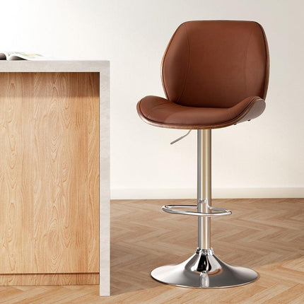 Artiss 1X Bar Stool Bentwood Swivel Adjustable Kitchen Dining Counter Stool Leather Brown.