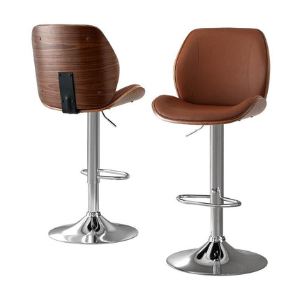 Artiss 2X Bar Stools Bentwood Adjustable Kitchen Counter Chair Leather Brown.