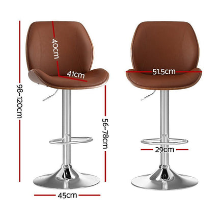 Artiss 2X Bar Stools Bentwood Adjustable Kitchen Counter Chair Leather Brown.