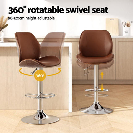 Artiss 2X Bar Stools Bentwood Adjustable Kitchen Counter Chair Leather Brown.