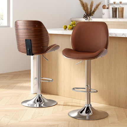Artiss 2X Bar Stools Bentwood Adjustable Kitchen Counter Chair Leather Brown.