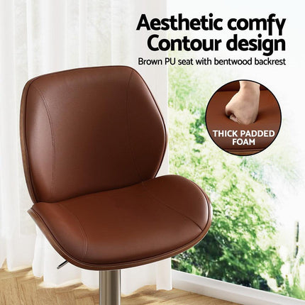 Artiss 4X Bar Stools Bentwood Adjustable Kitchen Counter Chair Leather Brown.