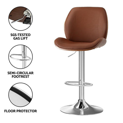 Artiss 4X Bar Stools Bentwood Adjustable Kitchen Counter Chair Leather Brown.