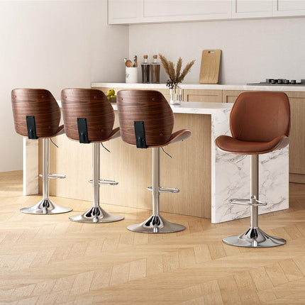Artiss 4X Bar Stools Bentwood Adjustable Kitchen Counter Chair Leather Brown.