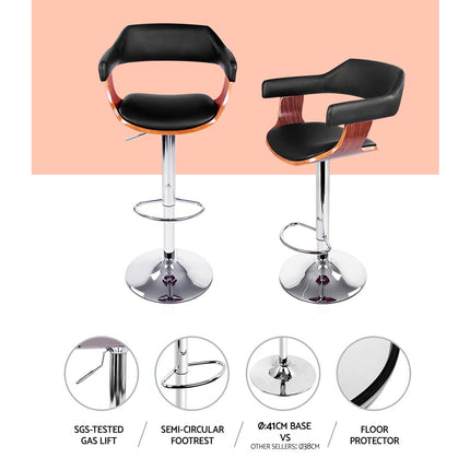 Artiss 2x Bar Stools Gas Lift Leather w/Armrest Black.