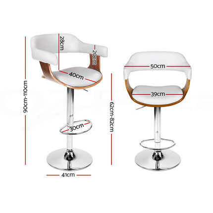 Artiss 2x Bar Stools Gas Lift Leather w/Armrest White.