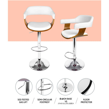 Artiss 2x Bar Stools Gas Lift Leather w/Armrest White.