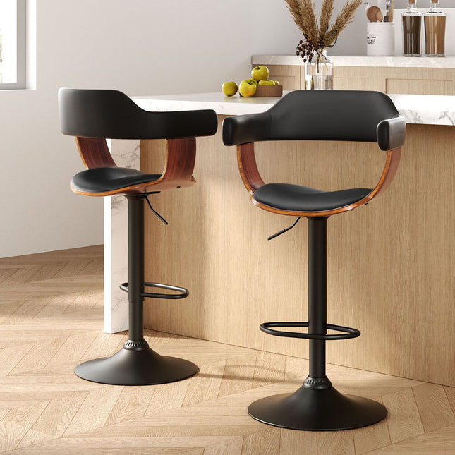 Artiss 2x Bar Stools Gas Lift Leather w/Armrest All Black.