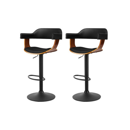 Artiss 2x Bar Stools Gas Lift Leather w/Armrest All Black.