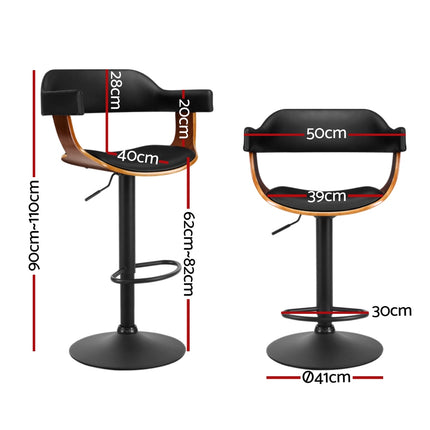 Artiss 4x Bar Stools Gas Lift Leather w/Armrest All Black.