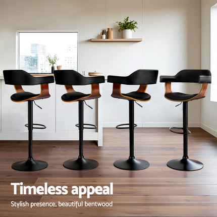 Artiss 4x Bar Stools Gas Lift Leather w/Armrest All Black.