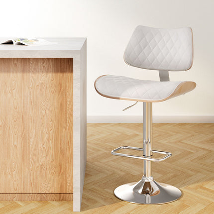 Artiss Bar Stools Kitchen Dining Chairs Gas Lift Stool Wooden Leather White.