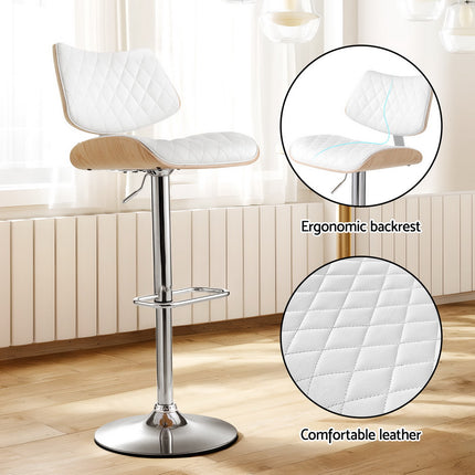 Artiss 2x Bar Stools Kitchen Dining Chairs Gas Lift Stool Wooden Leather White.