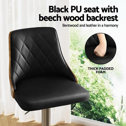 Artiss 2X Bar Stool Wood Swivel Adjustable Kitchen Counter Stool Leather Black.